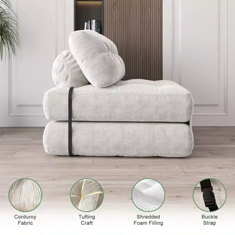 Canapé-lit futon pliant entièrement en velours côtelé, chaise de couchage convertible au sol avec oreiller et dossier