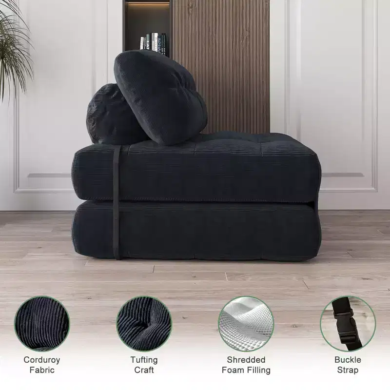 Canapé-lit futon pliant entièrement en velours côtelé, chaise de couchage convertible au sol avec oreiller et dossier