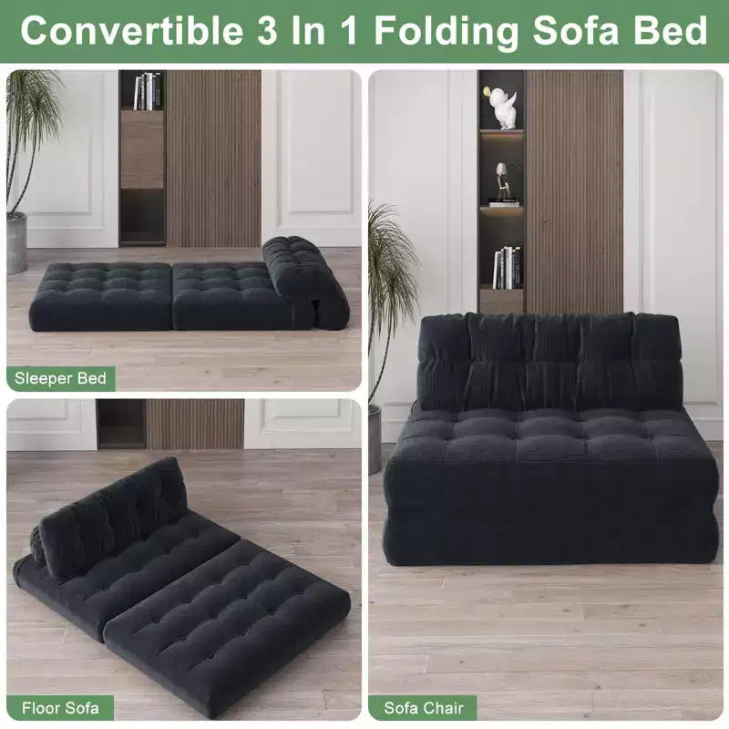 Canapé-lit futon pliant entièrement en velours côtelé, chaise de couchage convertible au sol avec oreiller et dossier