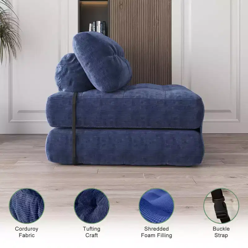 Canapé-lit futon pliant entièrement en velours côtelé, chaise de couchage convertible au sol avec oreiller et dossier