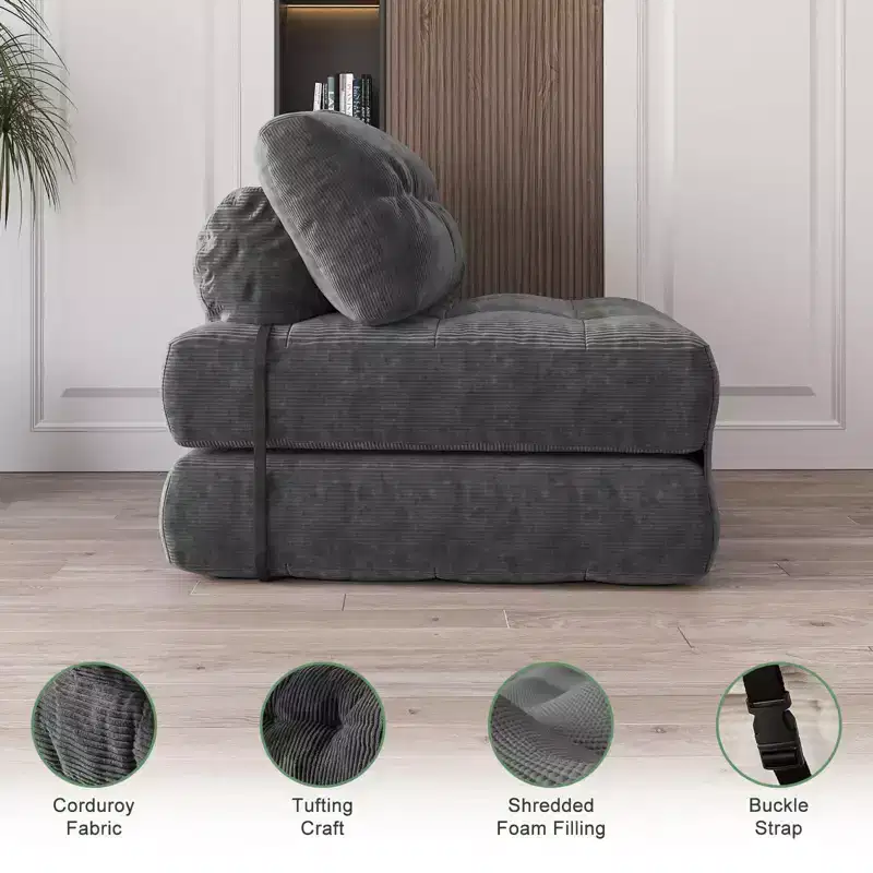 Canapé-lit futon pliant entièrement en velours côtelé, chaise de couchage convertible au sol avec oreiller et dossier