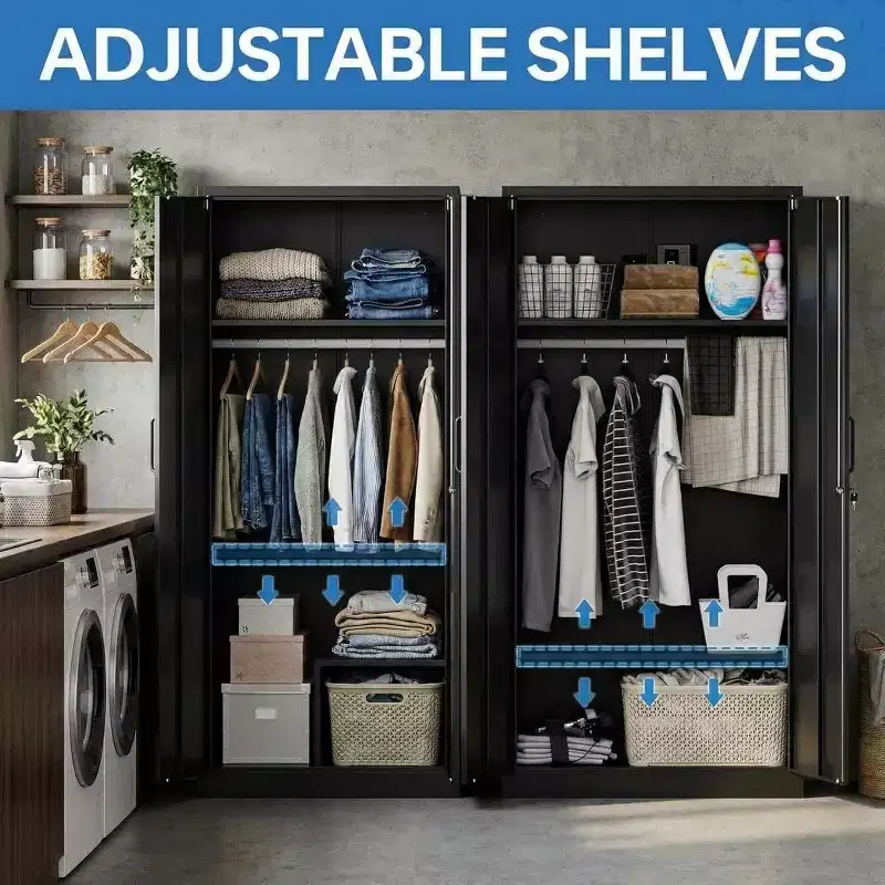 Armoire de rangement 72 po avec serrure, armoires de rangement de garage en métal noir avec étagères réglables et tringle à vêtements, armoire de rangement en métal pour la maison, la chambre