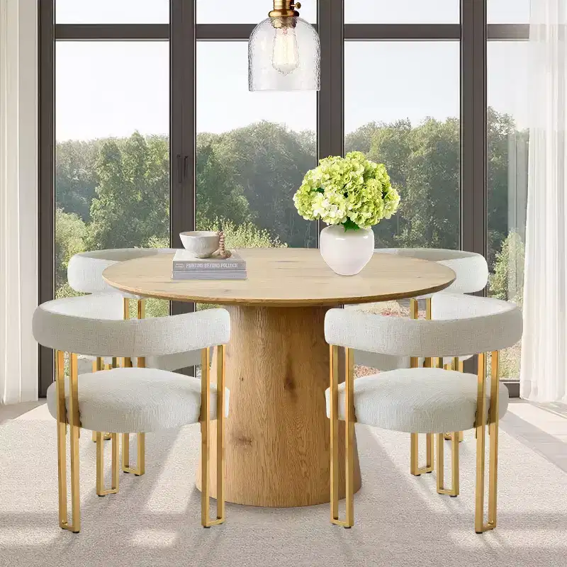 Ensemble table à manger ronde extensible en ovale avec 4 fauteuils en velours, design piédestal moderne, jusqu'à 8 personnes - Panipeachy