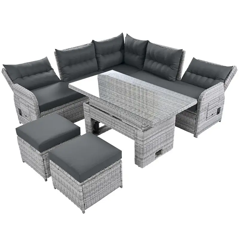 Ensemble de meubles de jardin en rotin avec table réglable, chaises longues et 2 poufs