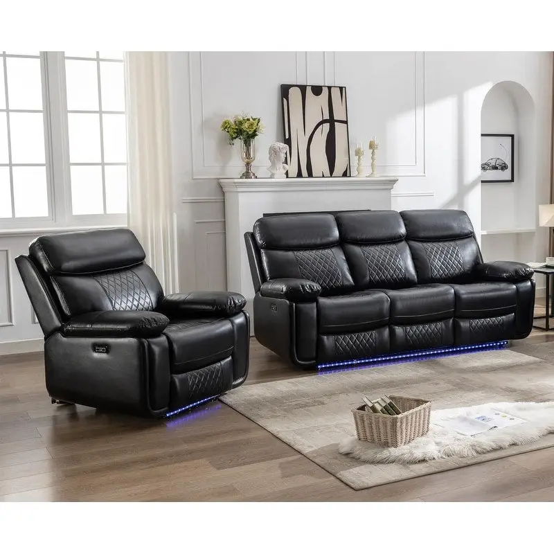 Canapé inclinable électrique avec chargeur sans fil, liseuse, lumière LED pour salon, similicuir, port AC/USB, porte-gobelet, noir