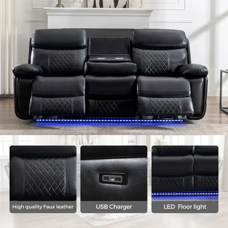 Canapé inclinable électrique avec chargeur sans fil, liseuse, lumière LED pour salon, similicuir, port AC/USB, porte-gobelet, noir
