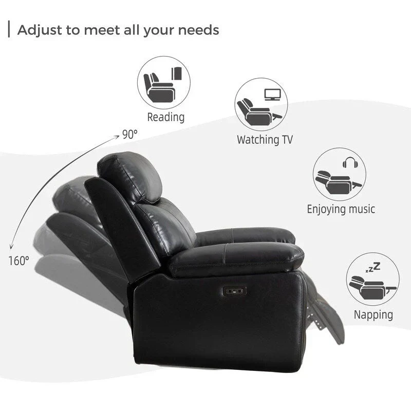 Canapé inclinable électrique avec chargeur sans fil, liseuse, lumière LED pour salon, similicuir, port AC/USB, porte-gobelet, noir