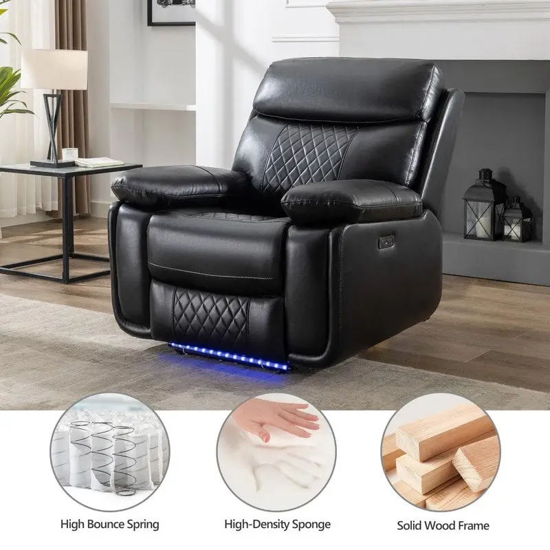 Canapé inclinable électrique avec chargeur sans fil, liseuse, lumière LED pour salon, similicuir, port AC/USB, porte-gobelet, noir