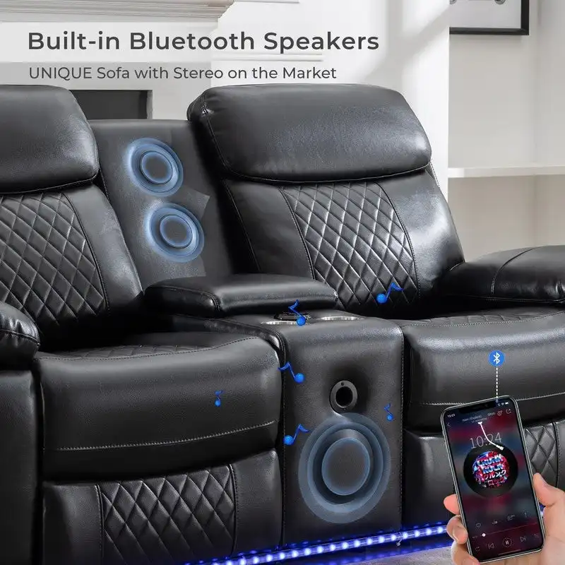 Canapé inclinable électrique avec chargeur sans fil, liseuse, lumière LED pour salon, similicuir, port AC/USB, porte-gobelet, noir