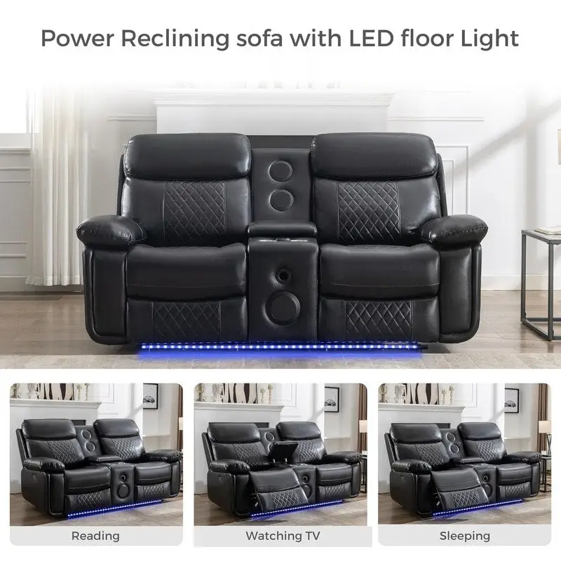 Canapé inclinable électrique avec chargeur sans fil, liseuse, lumière LED pour salon, similicuir, port AC/USB, porte-gobelet, noir