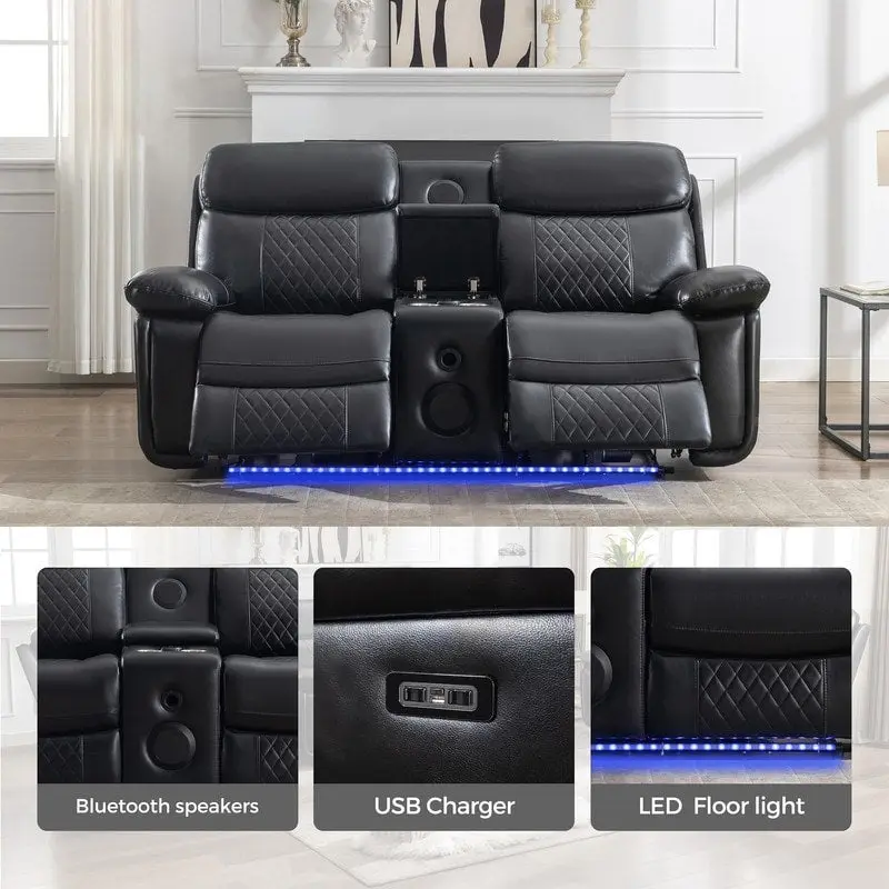 Canapé inclinable électrique avec chargeur sans fil, liseuse, lumière LED pour salon, similicuir, port AC/USB, porte-gobelet, noir