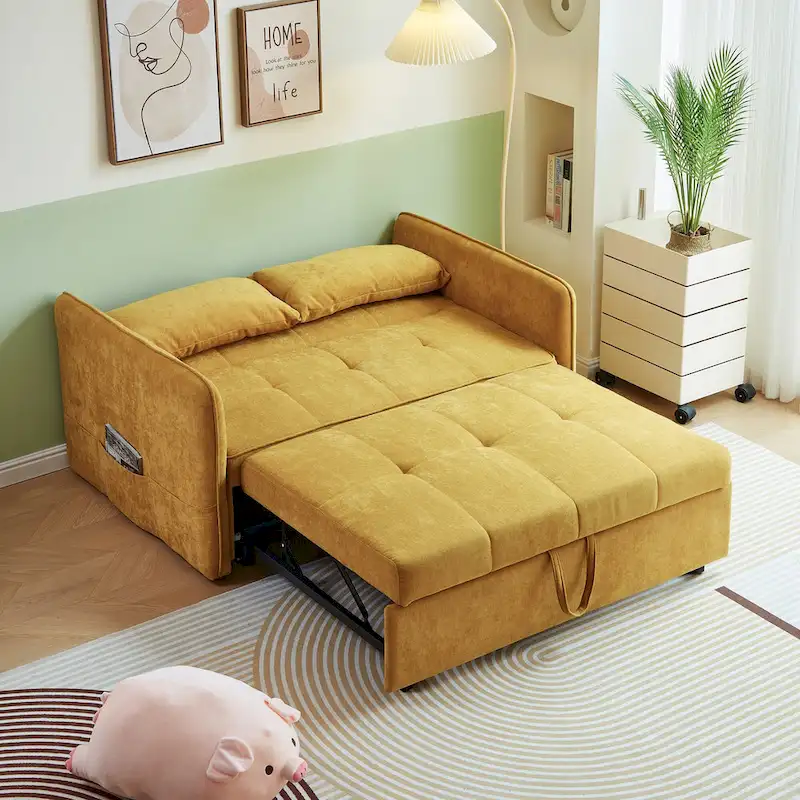 Canapé-lit gigogne en tissu chenille jaune - 39,00 x 53,50 x 31,50