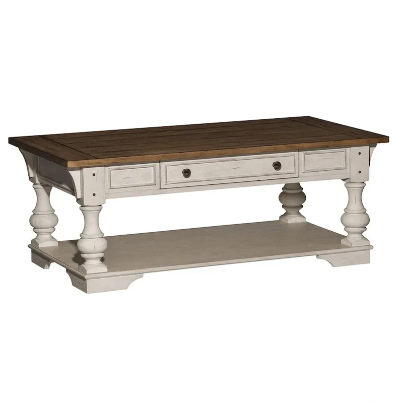 Table basse Morgan Creek blanc antique, avec accents tabac brossé.