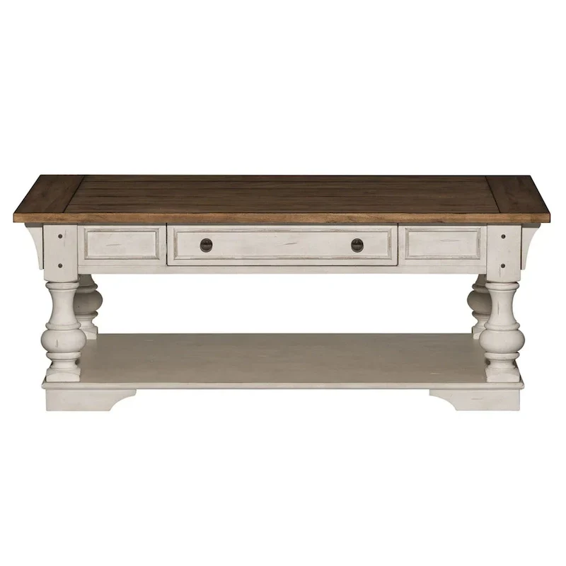 Table basse Morgan Creek blanc antique, avec accents tabac brossé.