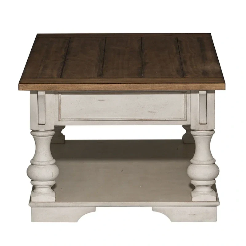 Table basse Morgan Creek blanc antique, avec accents tabac brossé.