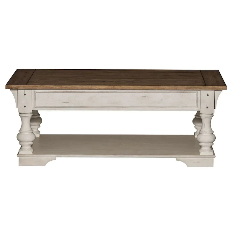Table basse Morgan Creek blanc antique, avec accents tabac brossé.