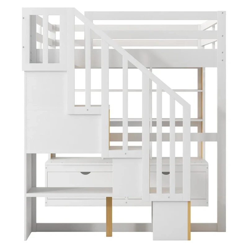 Lit mezzanine en bois massif naturel et blanc avec bureau et tiroirs