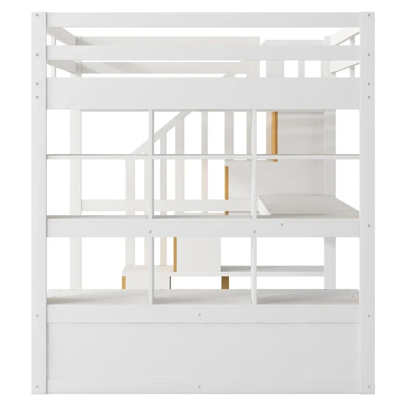Lit mezzanine en bois massif naturel et blanc avec bureau et tiroirs