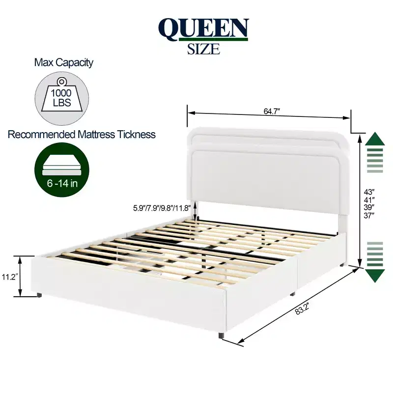 Lit Queen Size Moderne Rembourré en Boucle avec Tiroirs de Rangement