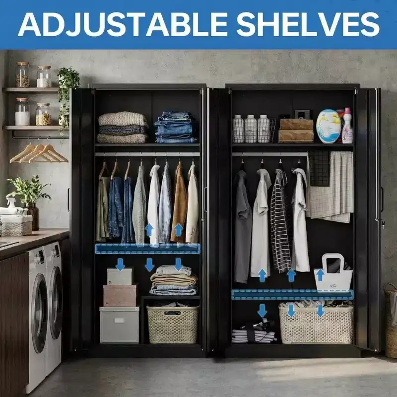 Armoire penderie en acier robuste de 183 cm avec serrure, armoires de rangement de garage en métal, armoire de rangement en métal pour la maison, la chambre, le bureau, le placard