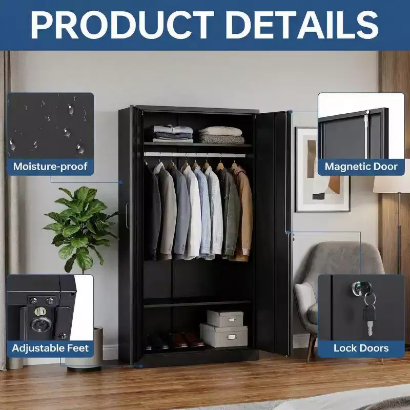Armoire penderie en acier robuste de 183 cm avec serrure, armoires de rangement de garage en métal, armoire de rangement en métal pour la maison, la chambre, le bureau, le placard
