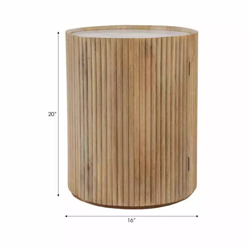 Table d'appoint décorative en bois nervuré avec plateau en marbre et rangement - Petite table d'appoint pour la décoration de la chambre ou du salon