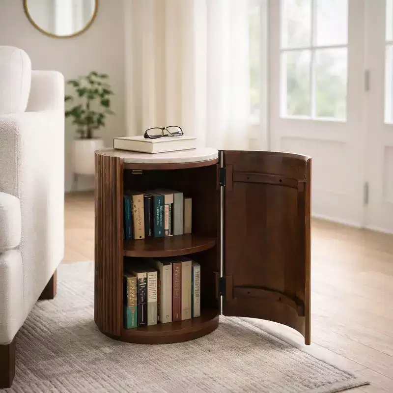 Table d'appoint décorative en bois nervuré avec plateau en marbre et rangement - Petite table d'appoint pour la décoration de la chambre ou du salon