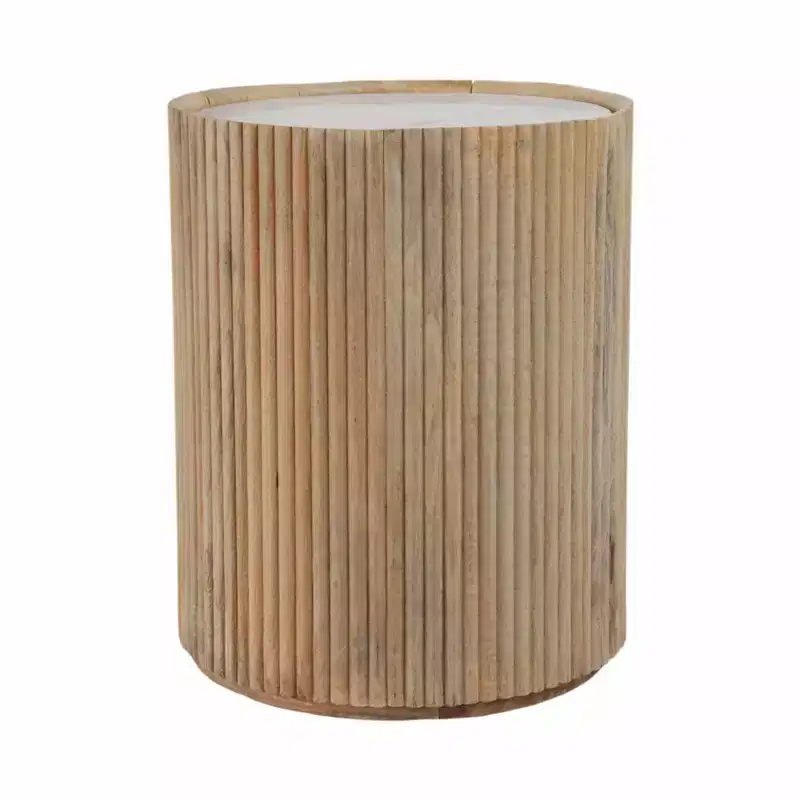 Table d'appoint décorative en bois nervuré avec plateau en marbre et rangement - Petite table d'appoint pour la décoration de la chambre ou du salon