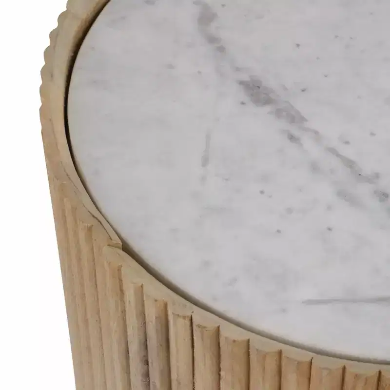 Table d'appoint décorative en bois nervuré avec plateau en marbre et rangement - Petite table d'appoint pour la décoration de la chambre ou du salon