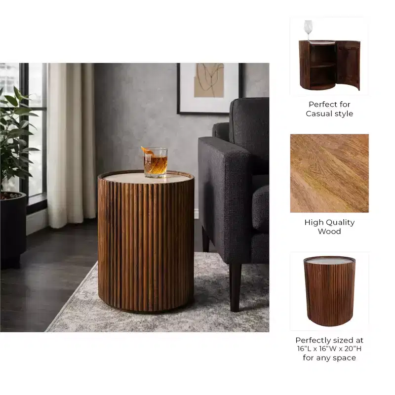 Table d'appoint décorative en bois nervuré avec plateau en marbre et rangement - Petite table d'appoint pour la décoration de la chambre ou du salon