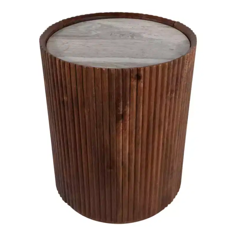 Table d'appoint décorative en bois nervuré avec plateau en marbre et rangement - Petite table d'appoint pour la décoration de la chambre ou du salon