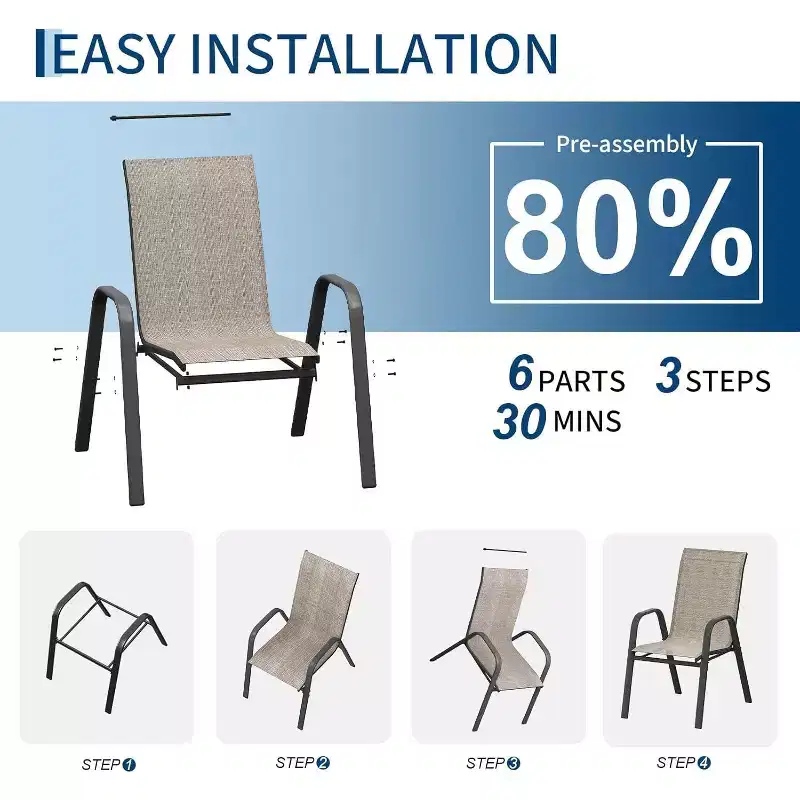 Chaises de patio, Lot de 4/6 chaises de salle à manger empilables d'extérieur en textilène léger résistant aux intempéries avec accoudoirs pour jardin, terrasse de piscine