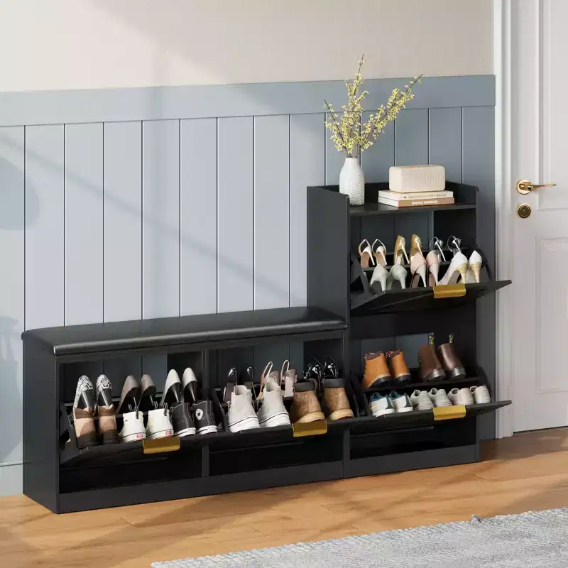 Meuble à chaussures de ferme avec banc, organisateur de rangement de chaussures d'entrée avec 4 tiroirs à abattant et siège rembourré confortable, banc à chaussures autoportant