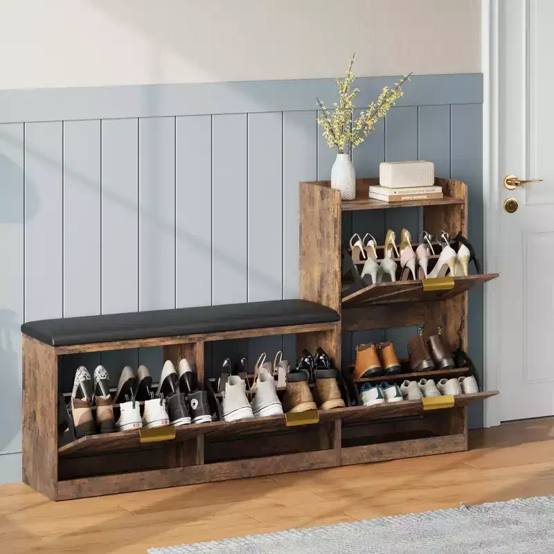 Meuble à chaussures de ferme avec banc, organisateur de rangement de chaussures d'entrée avec 4 tiroirs à abattant et siège rembourré confortable, banc à chaussures autoportant