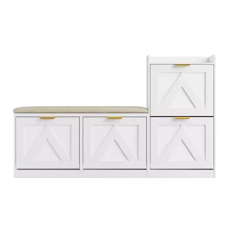 Meuble à chaussures de ferme avec banc, organisateur de rangement de chaussures d'entrée avec 4 tiroirs à abattant et siège rembourré confortable, banc à chaussures autoportant
