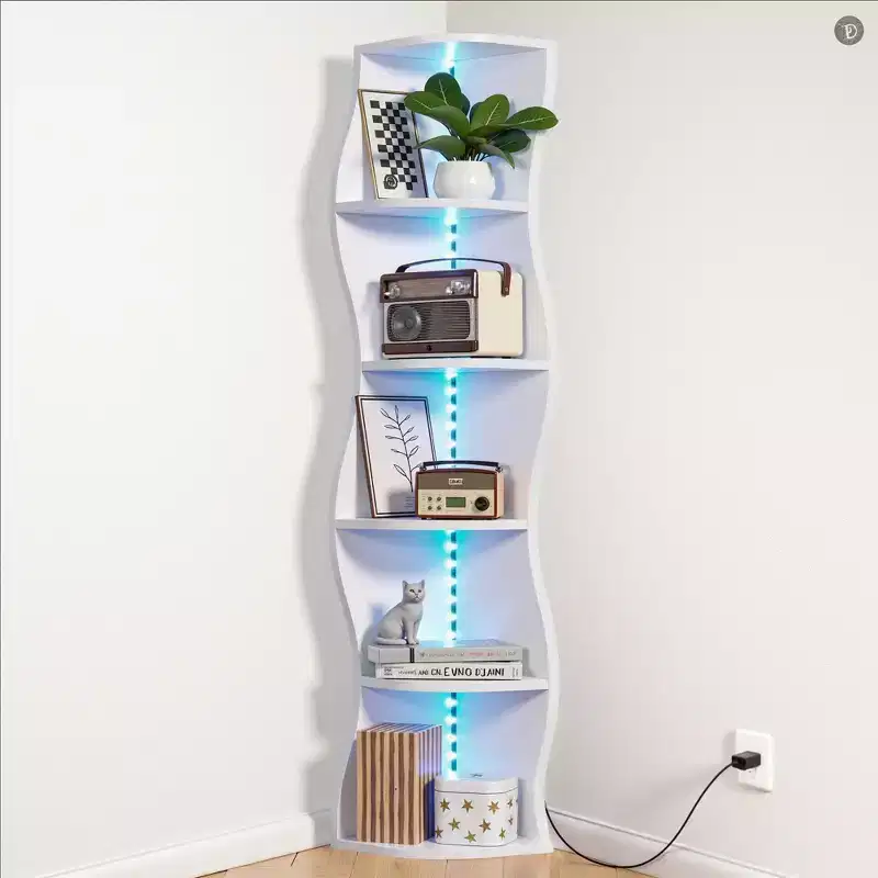 VECELO Étagère d'Angle Onde à 5 Niveaux, Étagère de Rangement Verticale Haute pour Petits Espaces et Salon, Blanche