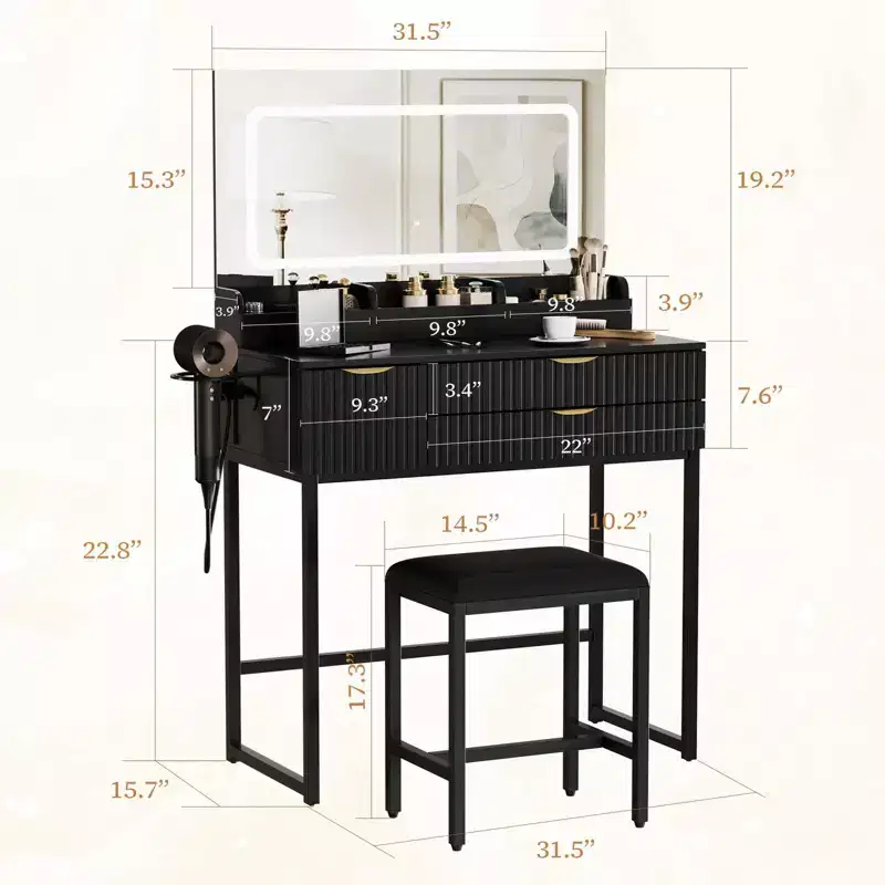 Coiffeuse avec miroir et lumières, miroir lumineux à LED, tiroirs de rangement spacieux pour produits cosmétiques et articles de toilette