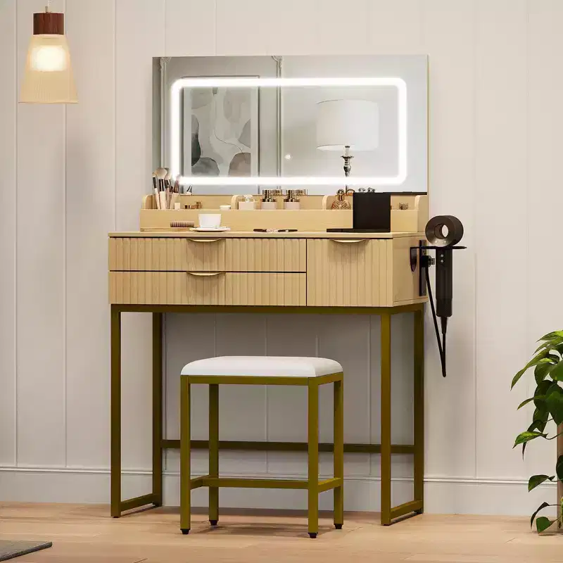 Coiffeuse avec miroir et lumières, miroir lumineux à LED, tiroirs de rangement spacieux pour produits cosmétiques et articles de toilette