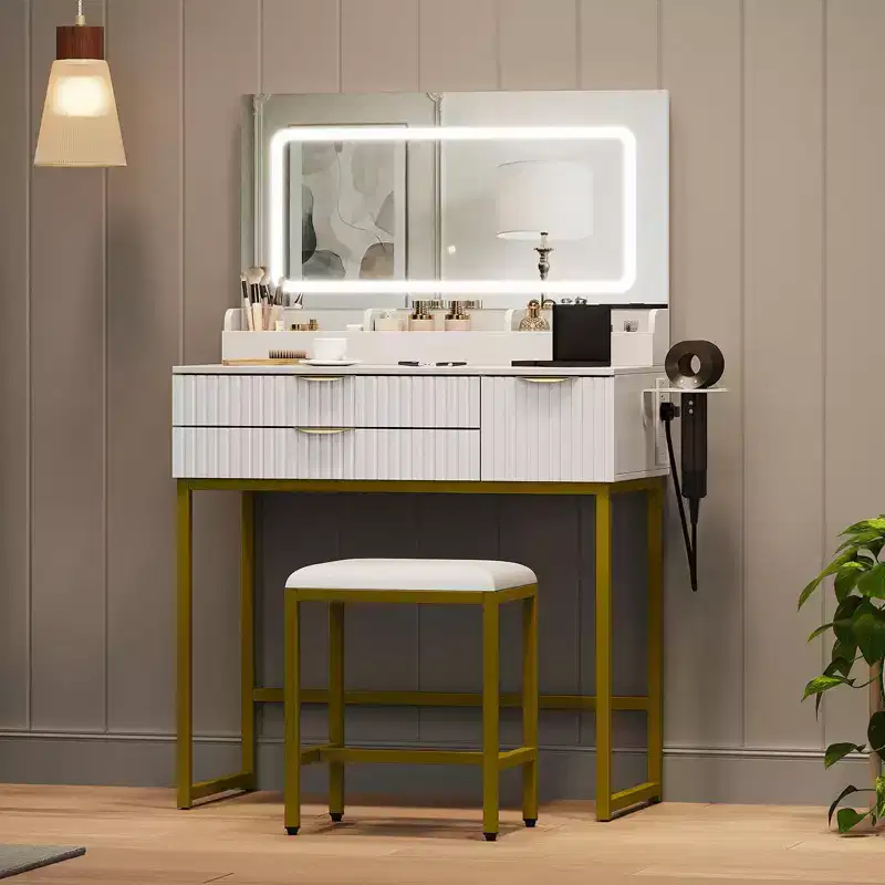 Coiffeuse avec miroir et lumières, miroir lumineux à LED, tiroirs de rangement spacieux pour produits cosmétiques et articles de toilette