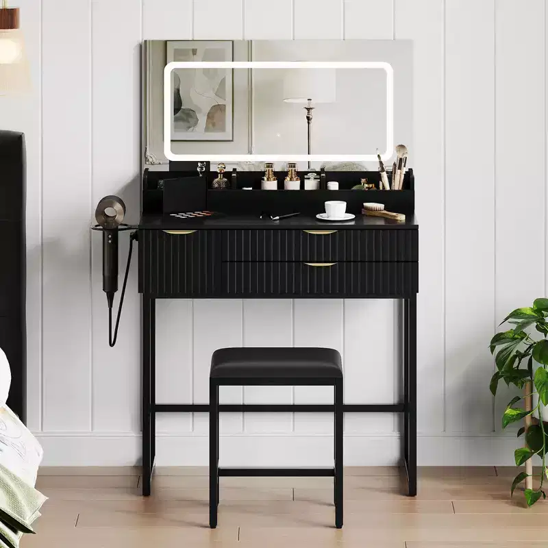 Coiffeuse avec miroir et lumières, miroir lumineux à LED, tiroirs de rangement spacieux pour produits cosmétiques et articles de toilette