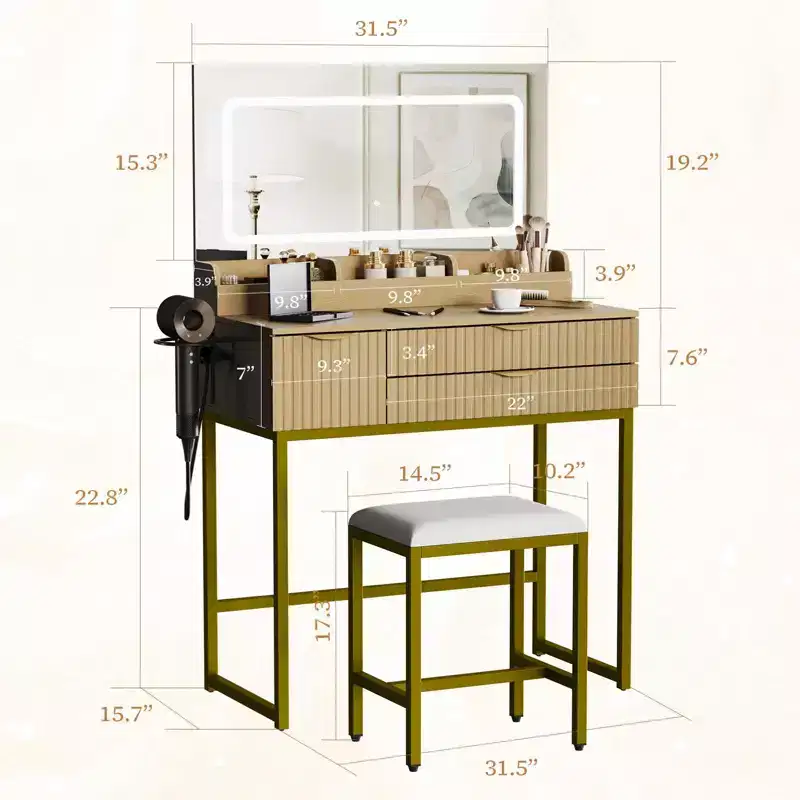 Coiffeuse avec miroir et lumières, miroir lumineux à LED, tiroirs de rangement spacieux pour produits cosmétiques et articles de toilette