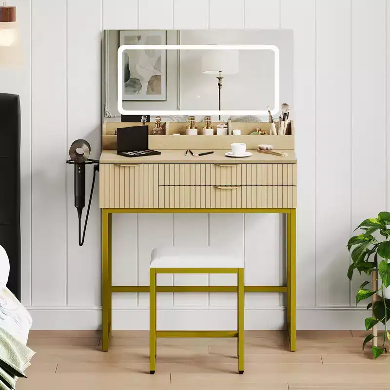 Coiffeuse avec miroir et lumières, miroir lumineux à LED, tiroirs de rangement spacieux pour produits cosmétiques et articles de toilette