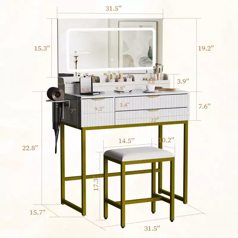 Coiffeuse avec miroir et lumières, miroir lumineux à LED, tiroirs de rangement spacieux pour produits cosmétiques et articles de toilette