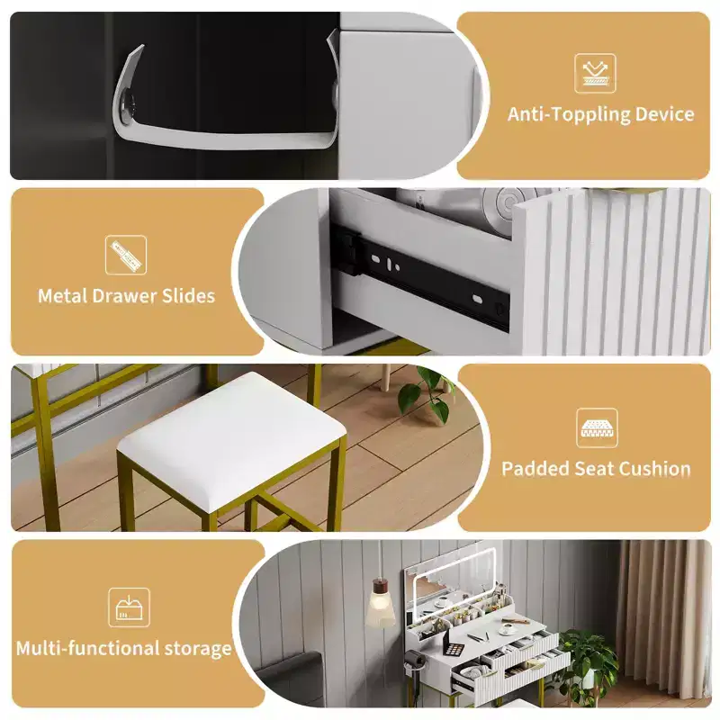 Coiffeuse avec miroir et lumières, miroir lumineux à LED, tiroirs de rangement spacieux pour produits cosmétiques et articles de toilette