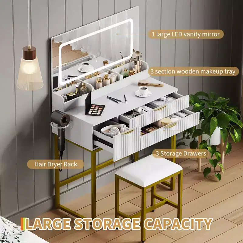Coiffeuse avec miroir et lumières, miroir lumineux à LED, tiroirs de rangement spacieux pour produits cosmétiques et articles de toilette