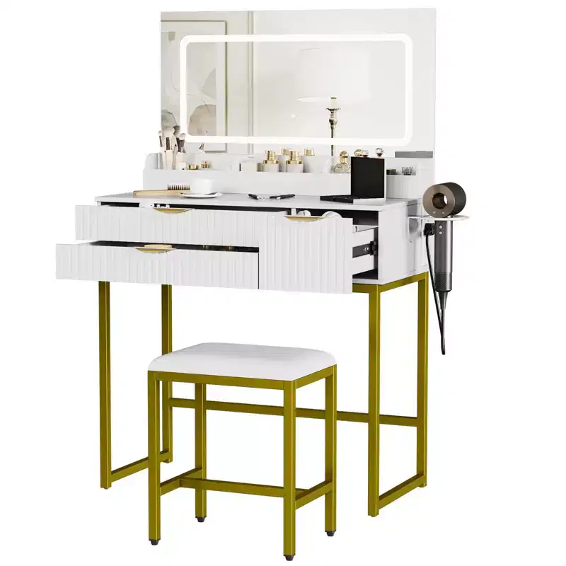 Coiffeuse avec miroir et lumières, miroir lumineux à LED, tiroirs de rangement spacieux pour produits cosmétiques et articles de toilette