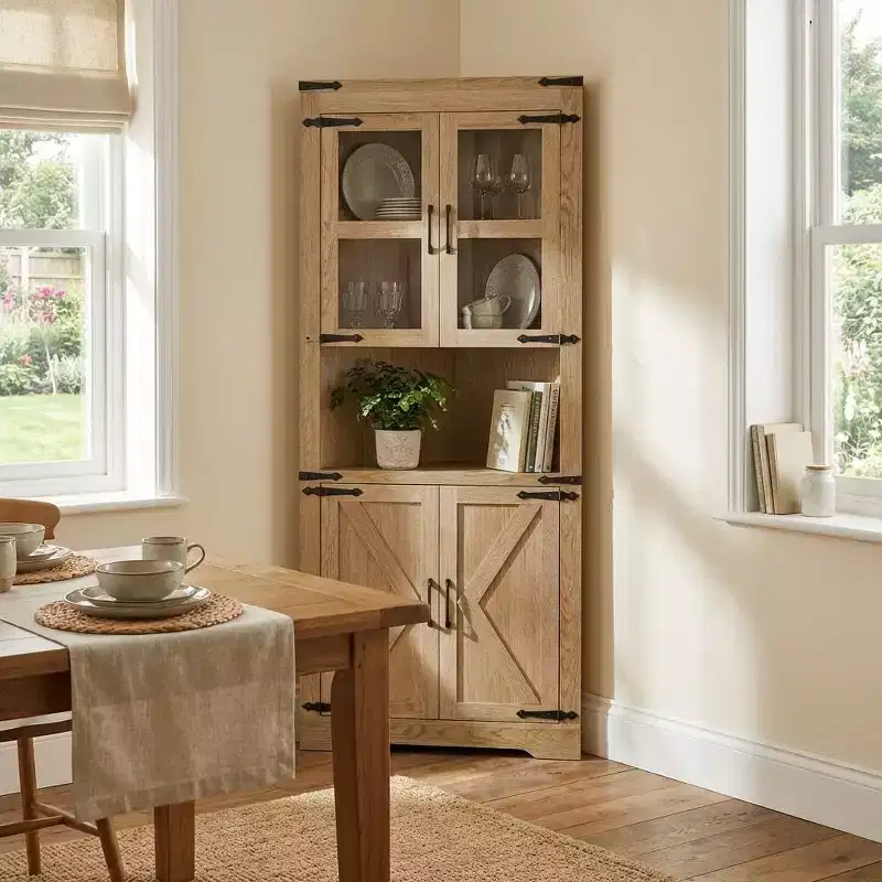 Meuble d'angle haut de 175 cm, Meuble de rangement d'angle style ferme, Rangement peu encombrant, Porte vitrée, Étagères réglables, pour Salon, Cuisine