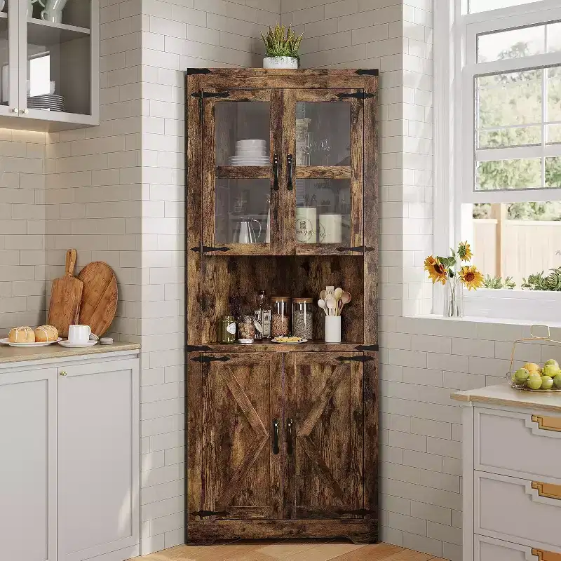 Meuble d'angle haut de 175 cm, Meuble de rangement d'angle style ferme, Rangement peu encombrant, Porte vitrée, Étagères réglables, pour Salon, Cuisine