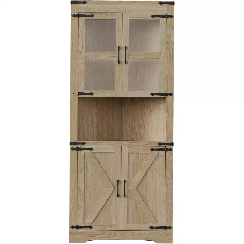 Meuble d'angle haut de 175 cm, Meuble de rangement d'angle style ferme, Rangement peu encombrant, Porte vitrée, Étagères réglables, pour Salon, Cuisine