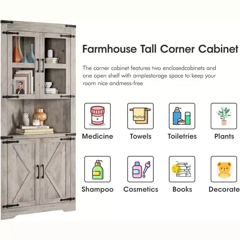 Meuble d'angle haut de 175 cm, Meuble de rangement d'angle style ferme, Rangement peu encombrant, Porte vitrée, Étagères réglables, pour Salon, Cuisine